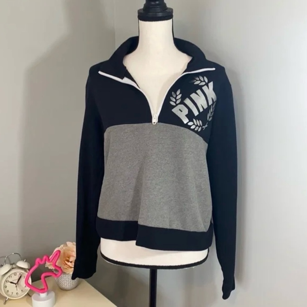 Victoria’s Secret PINK Black and Gray University Quarter-Zip Sweatshirt Size LG